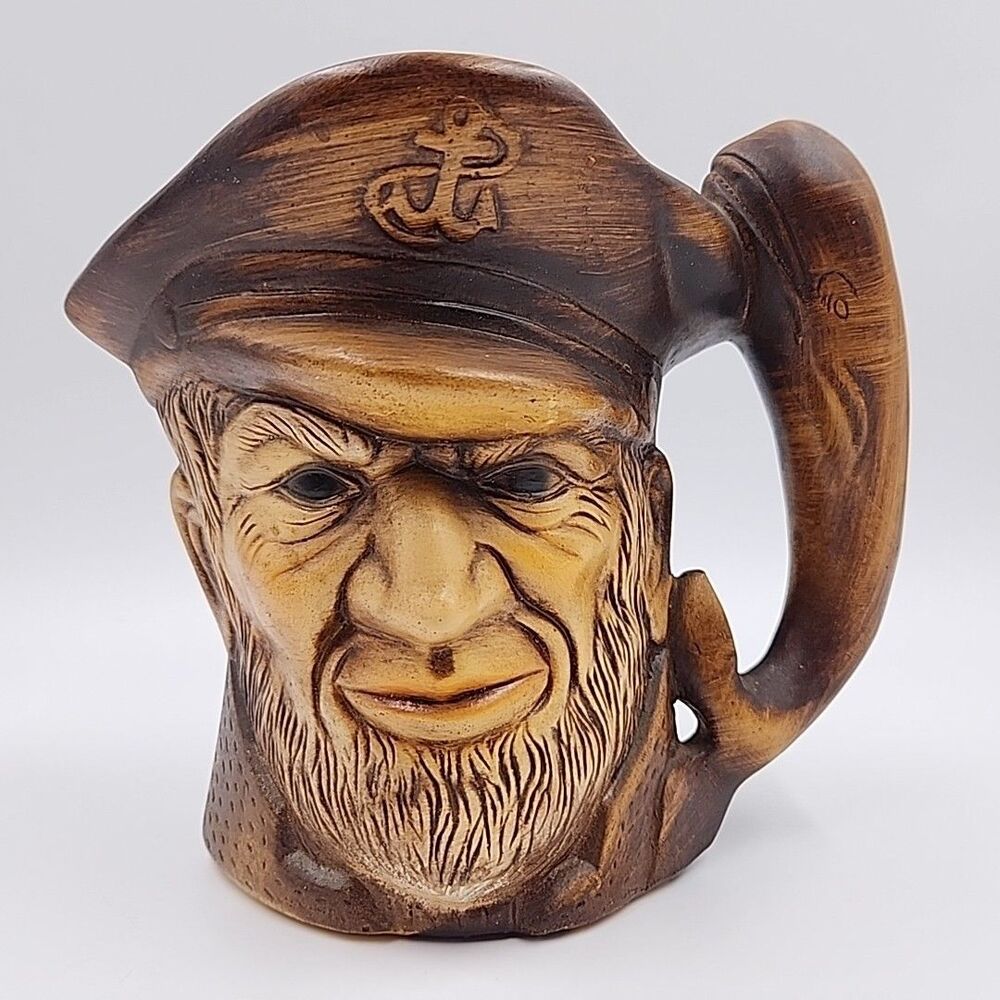 Vintage CAPTAIN AHAB Pitcher Large Chalkware Toby Mug Moby Dick Whale Handle Jug